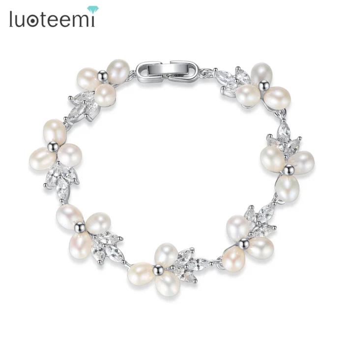 LUOTEEMI Elegant CZ Freshwater Pearl Bracelet Luxury Cubic Zirconia Women Flower Bridal Wedding Engagement Bracelets Jewellery