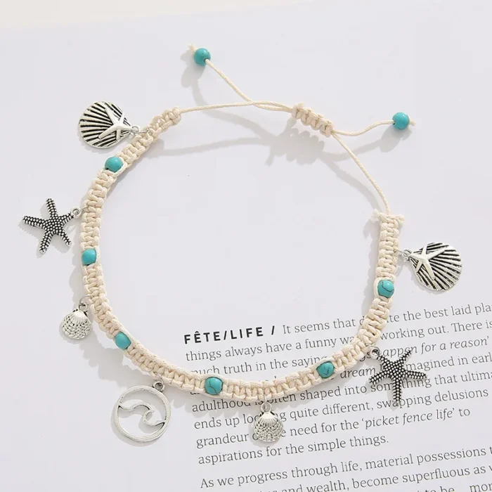 Vintage Foot Accessories Summer Starfish Conch Wave White Rope Chain Handmade Anklet Boho Womens Jewellery Beach - Image 5