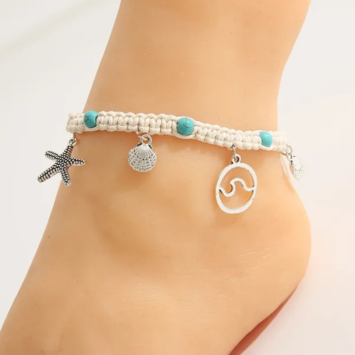 Vintage Foot Accessories Summer Starfish Conch Wave White Rope Chain Handmade Anklet Boho Womens Jewellery Beach